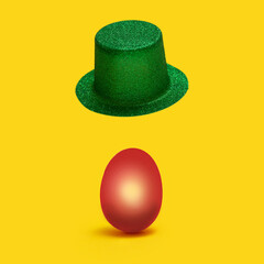 Unique easter minimal concept. Optimistic green hat levitate above red colored egg against yellow background