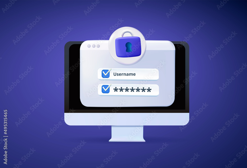 Aufkleber computer 3d protected by a shield. the concept information protection. landing page template. concep