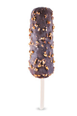 Vanilla ice cream with nuts and chocolate glaze on a stick on a white isolated background