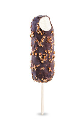 Vanilla ice cream with nuts and chocolate glaze on a stick on a white isolated background