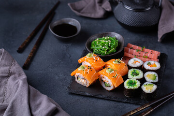 Vegan Sushi, Sashimi and Maki Rolls with Plant based seafood