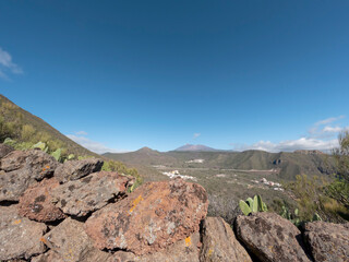 View on Teide Volcano landscape from the Barranco Seco gorge hiking trail, Tenerife, Canary islands, Spain