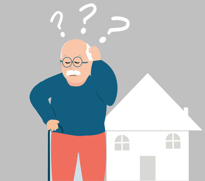 Old man lost his way and needs help. Elderly male walking on street lost his way home. Mature people with Memory loss issues. Alzheimer symptom disease and mental health illness concept. Vector stock 