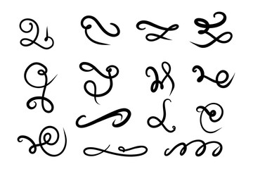 Set of hand drawn Swirls, lettering and calligraphy decoration, squiggles. Vector ink swirl and freeform swoop