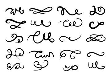 Set of hand drawn Swirls, lettering and calligraphy decoration, squiggles. Vector ink swirl and freeform swoop