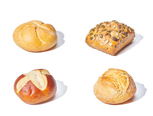 Various bread rolls isolated on white background