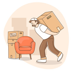 Male loader carries a heavy box during the move to a new house. Vector illustration in doodle style.