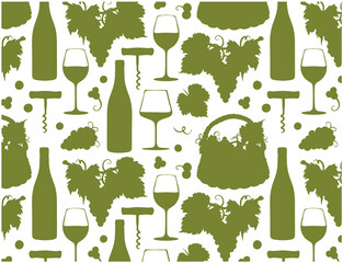 Pattern of drawing green wine bottle, grapes in basket, glass with alcohol drink, champagne on white background. Outline beverage, silhouette winery, line art corkscrew, vine. Vector illustration. - 495317462