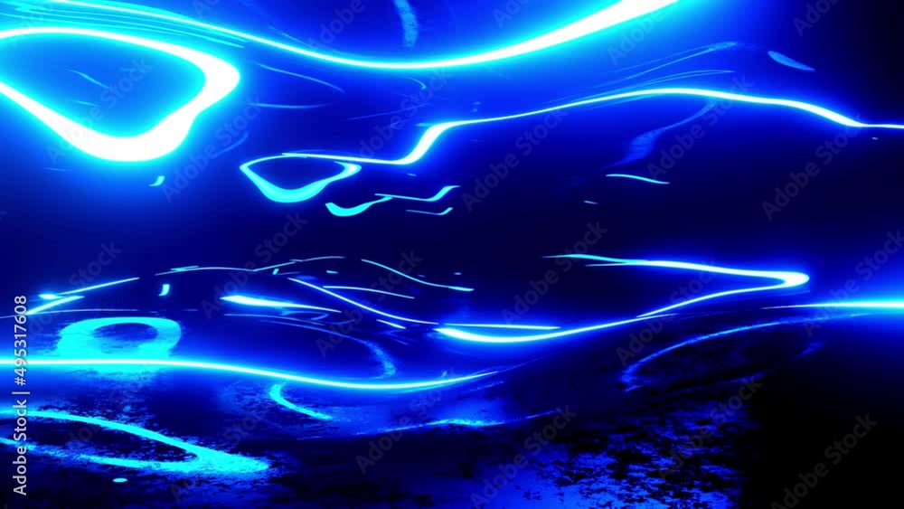 Poster curved surface. move through mirror tunnel with blue neon pattern, glow structure form sci fi patter