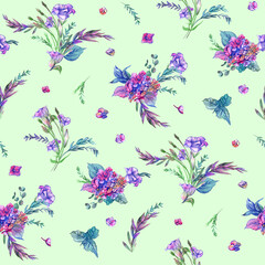 Fototapeta na wymiar Delicate summer seamless pattern for girls with hydrangea and eustoma flowers painted in watercolor for textiles and other