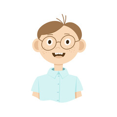 Drawing of a cartoon man in glasses with emotions on his face. Doodle style