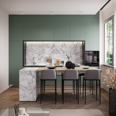 Modern small apartment interior with green kitchen and white marble details 3D Rendering, 3D Illustration	