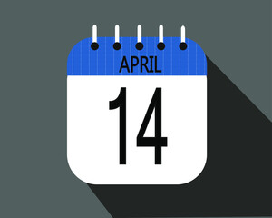 April day 14. Calendar icon on a white paper with blue color border on a gray background vector.