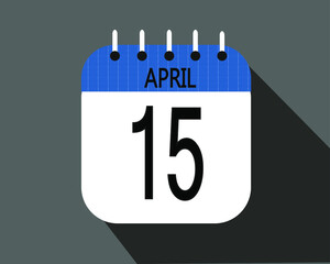 April day 15. Calendar icon on a white paper with blue color border on a gray background vector.