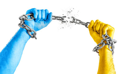Men's hands in Ukraine flag colors break the chains. Isolated on white background. copy space