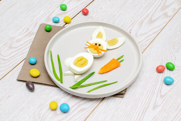 Easter funny creative healthy breakfast lunch food idea for kids, children.Bunny, rabbit made from...