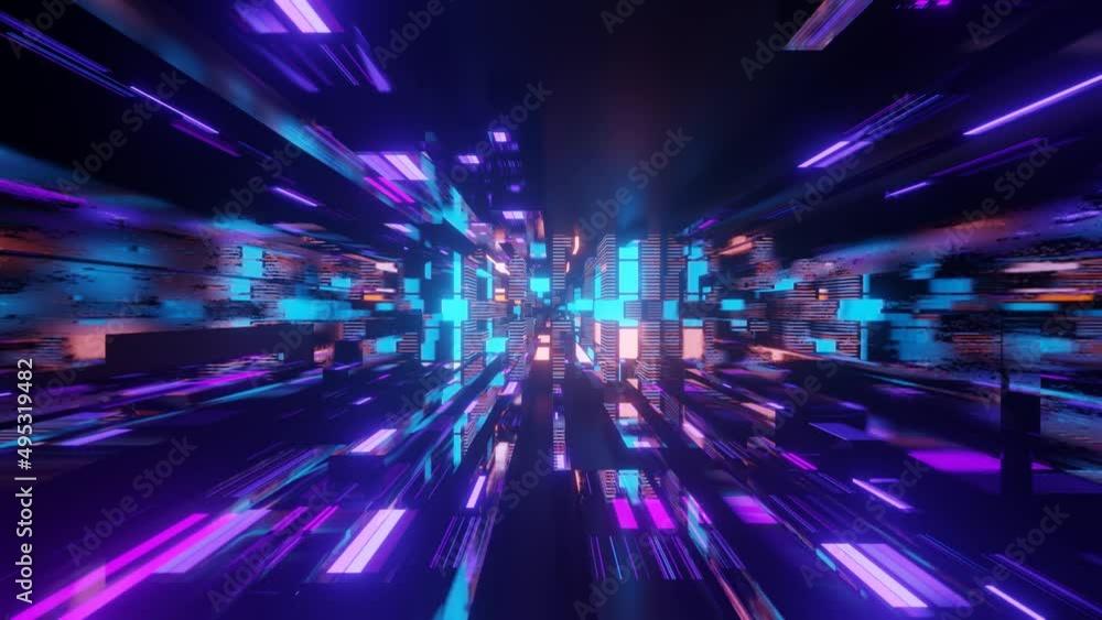 Poster fly through technology cyberspace with neon glow. abstract blocks. sci-fi flight through hi-tech tec