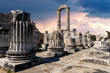 Wide angle photo of temple of apollo in didyma ancient city. Historical tourism concept.