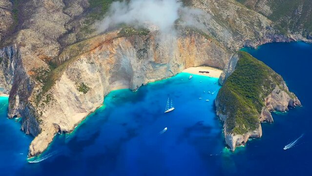 Navagio beach, Zakynthos Island, Greece. Aerial landscape. Rocks and sea from the drone. Summer landscape from the air.