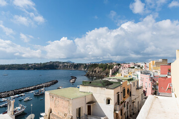 Procida,Italy - September 28 , 2019: characteristic houses of Procida with tourists and inhabitants...