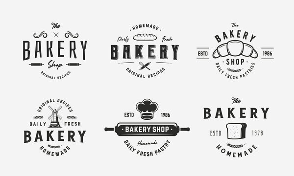 Vintage bakery logo set. Cooking, Kitchen, bakery emblems. Bakery hipster logo design. Pastry shop logo, label, stamp, poster. Vector illustration