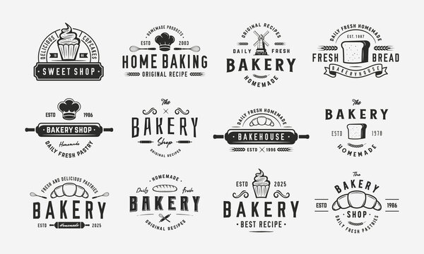 Bakery, Pastry shop logo set. 12 bakery emblems, labels, badges. Baking, Cooking labels. Trendy vintage hipster design. Vector illustration