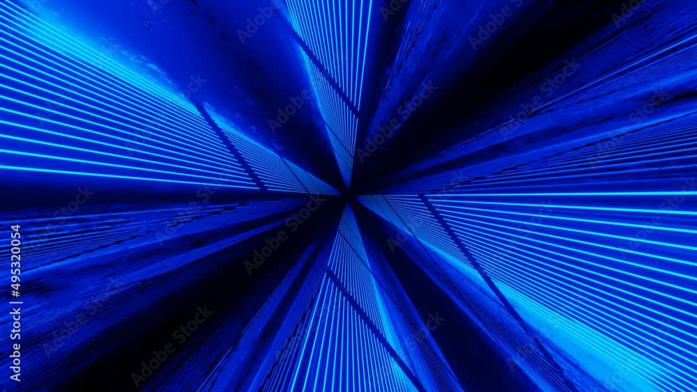 Poster glow blue lines. 4k seamless looped animation. fly through mirror tunnel with neon pattern, glow lin