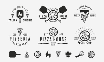 Vintage hipster logo templates and 8 design elements for pizzeria and bakery. Pizza, Bakery and Restaurant emblems templates. Pizza, Chef, Oven, fire icons.Vector illustration - obrazy, fototapety, plakaty