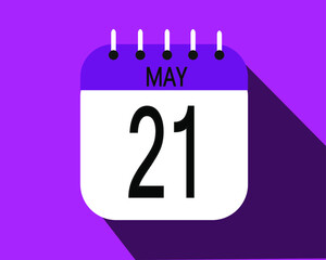 May day 21. Calendar icon on a white paper with purple color border on a pink background vector.