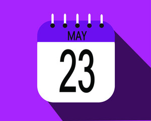 May day 23. Calendar icon on a white paper with purple color border on a pink background vector.