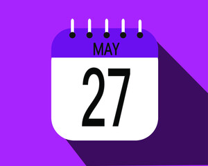 May day 27. Calendar icon on a white paper with purple color border on a pink background vector.