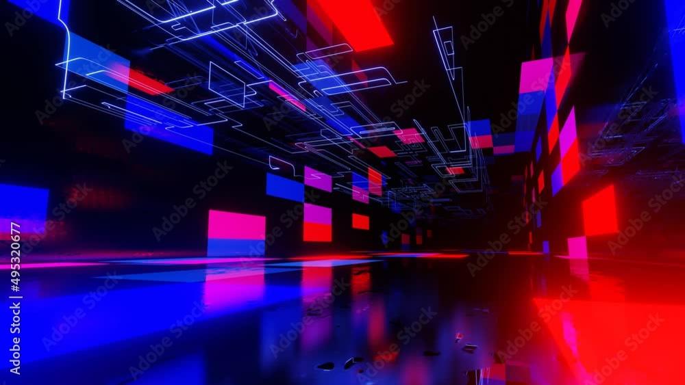 Poster fly through technology cyberspace with neon glow. sci-fi flight through hi-tech technology tunnel. g
