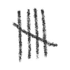 Charcoal tally mark sign isolated on white background. Four black sticks crossed out by slash line. Day counting symbol on jail wall. Unary numeral system icon. Vector realistic illustration