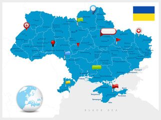Ukraine map and glossy icons on map