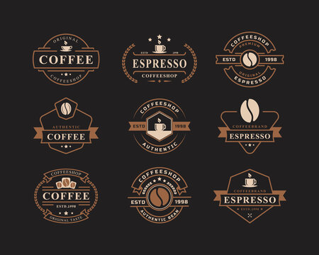 Set of Classic Retro Badge Coffee Shop Logos. Cup, beans, cafe vintage style design vector illustration