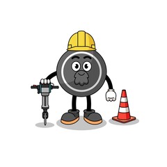 Character cartoon of hockey puck working on road construction