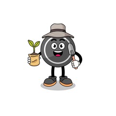 Illustration of hockey puck cartoon holding a plant seed