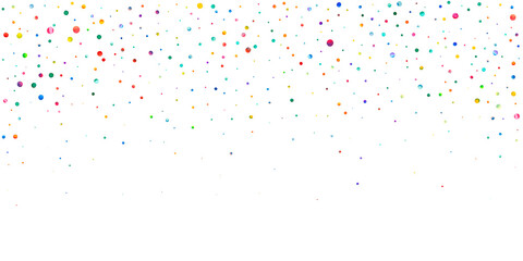 Watercolor confetti on white background. Alluring rainbow colored dots. Happy celebration wide colorful bright card. Fabulous hand painted confetti.