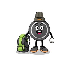 Illustration of hockey puck mascot as a hiker