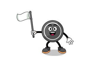 Cartoon Illustration of hockey puck holding a white flag