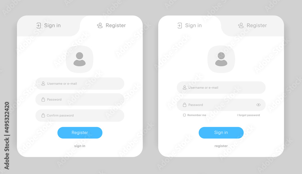 Aufkleber Set of Sign Up and Sign In forms. Registration and login forms page. Professional and User-friendly web and UI UX design elements. Modern Sign in and Register page. Username, email and password.
