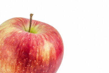 Red apple on a white background, close-up. Organic fruit, healthy eating, diet, lifestyle concept. A backing with big apple for branding, calendar, postcard, wallpaper, poster, banner, cover, website