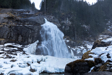 travel austria, Krimmler Wasserfälle, national park Hohe Tauern, Austria, Alps in winter time