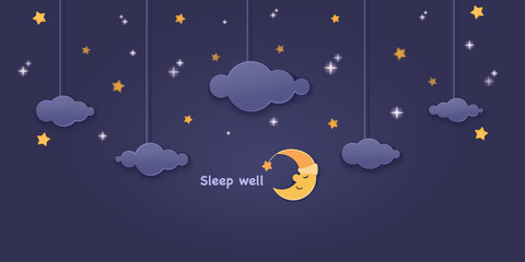 Obraz na płótnie Canvas Sleep well. Night sky. Clouds, crescent moon with stars. Cartoon paper cut, dark blue sky background