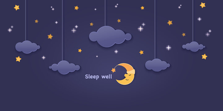 Sleep well. Night sky. Clouds, crescent moon with stars. Cartoon paper cut, dark blue sky background