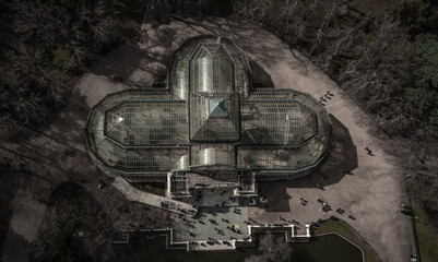 Crystal Palace in Madrid. Modern architecture. Retiro Park. drone photography