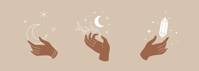 Set of mystical symbols for spiritual practices. Magical hands keep crescent, crystal, branch against background of stars. Trendy minimalist signs for design of cosmetics, jewelry, handmade products. - obrazy, fototapety, plakaty