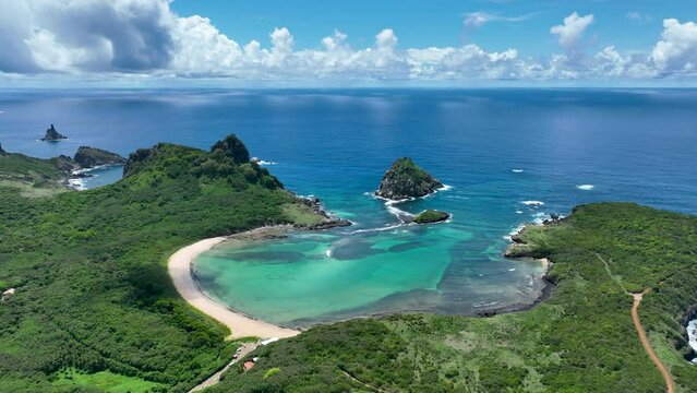 Famous bay water archipelago of Fernando de Noronha at brazilian atlantic ocean. Pernambuco state Brazil. Paradise islands at Fernando de Noronha archipelago. Summer travel. Tropical destinations.  