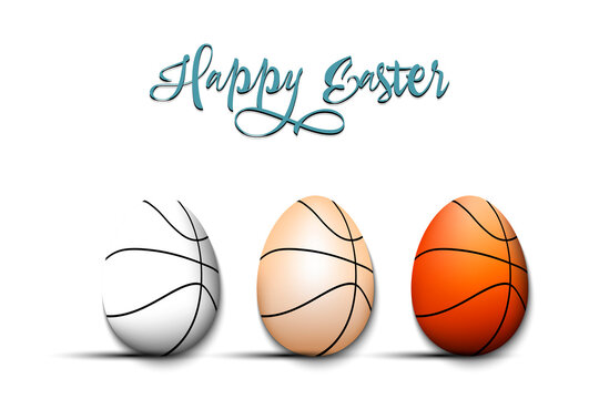 Happy Easter. Set eggs decorated in the form of a basketball balls different colors. Eggs shaped basketball balls. Pattern for greeting card, banner, poster. Vector illustration on isolated background