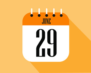 June day 29. Calendar icon on a white paper with orange color border on a clear background vector.
